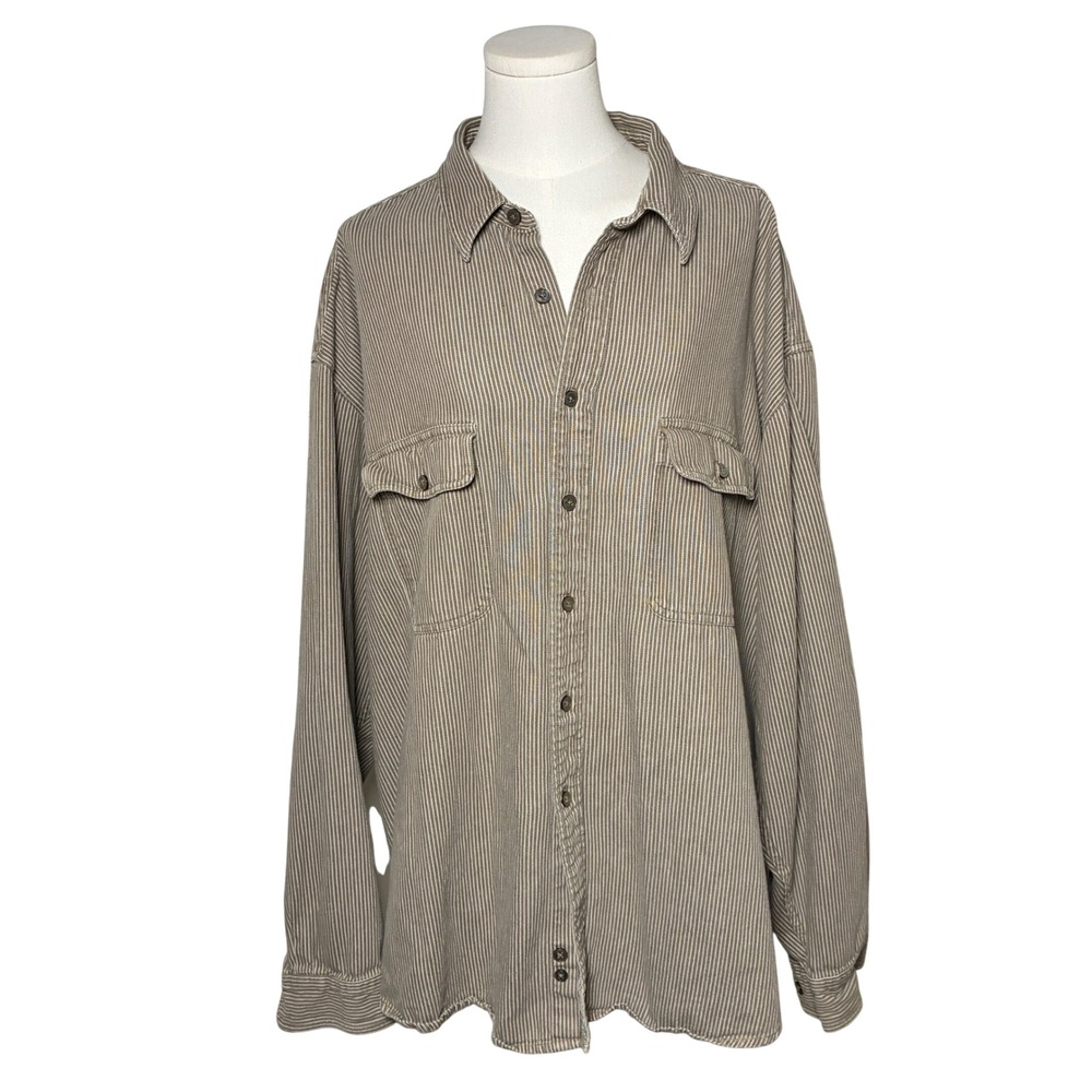 Club Room Striped Cotton Denim Utility Shirt 4 Pocket Oversized Brown XXL
